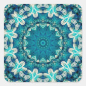 Blue Aqua Mandala Rosette Retro Hippie Quadratischer Aufkleber (Vorderseite)