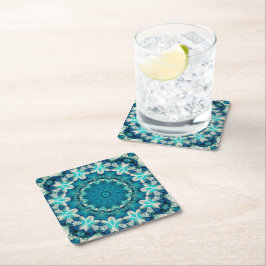 Blue Aqua Mandala Rosette Retro Hippie Rechteckiger Pappuntersetzer