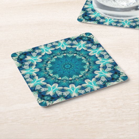 Blue Aqua Mandala Rosette Retro Hippie Rechteckiger Pappuntersetzer (angewinkelt)