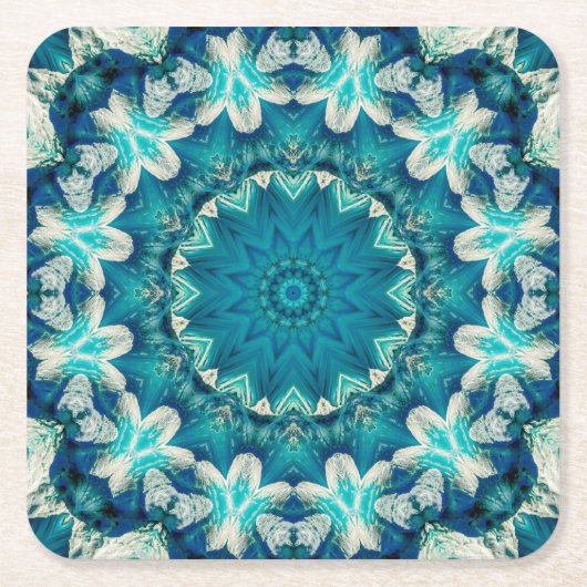 Blue Aqua Mandala Rosette Retro Hippie Rechteckiger Pappuntersetzer (Vorderseite)