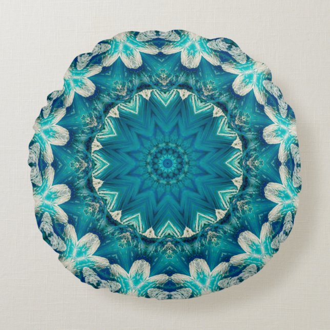 Blue Aqua Mandala Rosette Retro Hippie Rundes Kissen (Vorderseite)