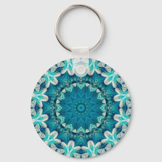 Blue Aqua Mandala Rosette Retro Hippie Schlüsselanhänger (Vorderseite)