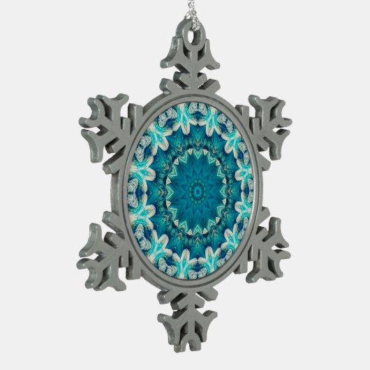Blue Aqua Mandala Rosette Retro Hippie Schneeflocken Zinn-Ornament (Links)