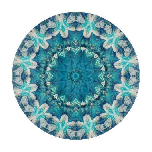 Blue Aqua Mandala Rosette Retro Hippie Schneidebrett (Vorderseite)
