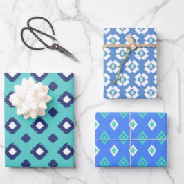 Blue, Aqua & Mint Tribal Diamond Ikat Muster Geschenkpapier Set