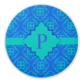 Blue Aqua Monogram Arabesque marokkanische Grafik Keramikknauf (Vorderseite)
