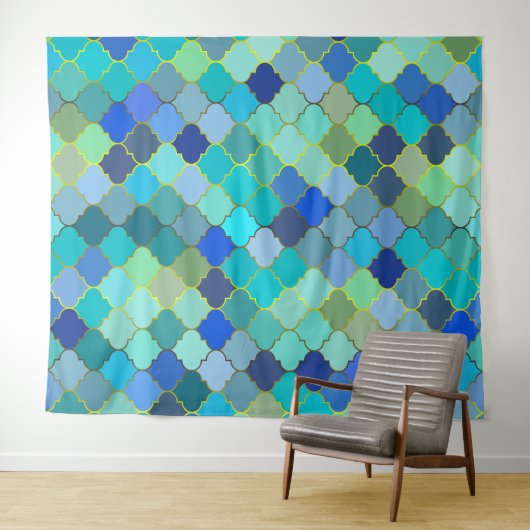 Blue Aqua Moroccan Mosaic Pattern Wandteppich (Beispiel (Horizontal))
