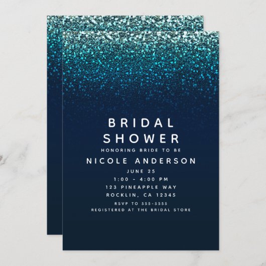 Blue Aqua Navy Glitzer Sparkle Brautparty Einladung (Vorne/Hinten)