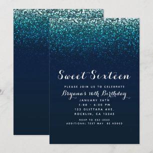 Blue Aqua Navy Glitzer Sparkle Sweet 16 Party Einladung