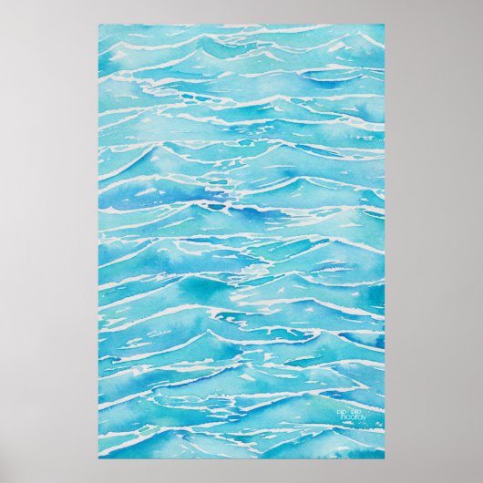 Blue Aqua Ocean Sea Waves Aquarellbilder drucken Poster (Vorne)