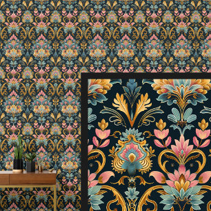 Blue Aqua Pink Gold Jugendstil Tapete