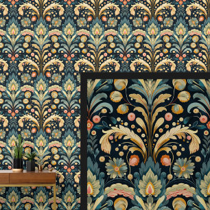 Blue Aqua Pink Yellow Art Nouveau Tapete