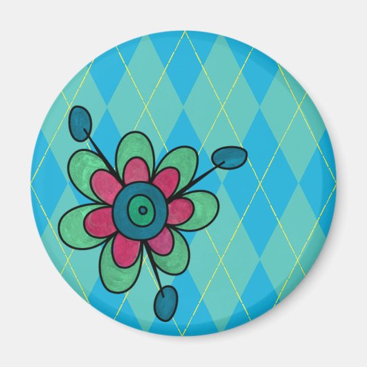 Blue & Aqua Raute & Blume Magnet (Vorne)