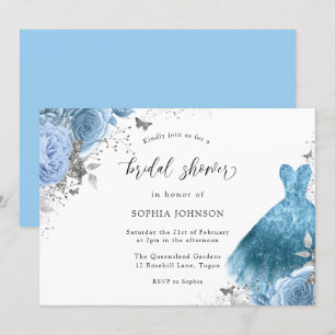 Blue Aqua Silver Dress & Blume Brautparty Einladung