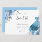 Blue Aqua Silver Dress & Blume Sweet 16 Einladung (Vorne/Hinten)