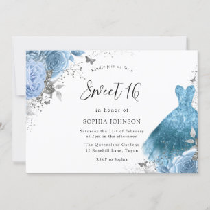 Blue Aqua Silver Dress & Blume Sweet 16 Einladung