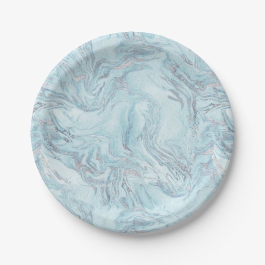 Blue Aqua Silver Marble Pappteller (Vorderseite)
