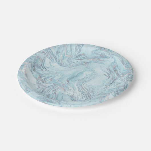 Blue Aqua Silver Marble Pappteller (Schrägansicht)