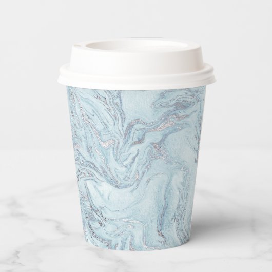 Blue Aqua Silver Marble Wirbel Pappbecher (Rückseite)