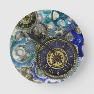 Blue aqua steampunk gears, cogs, clock faces print runde wanduhr
