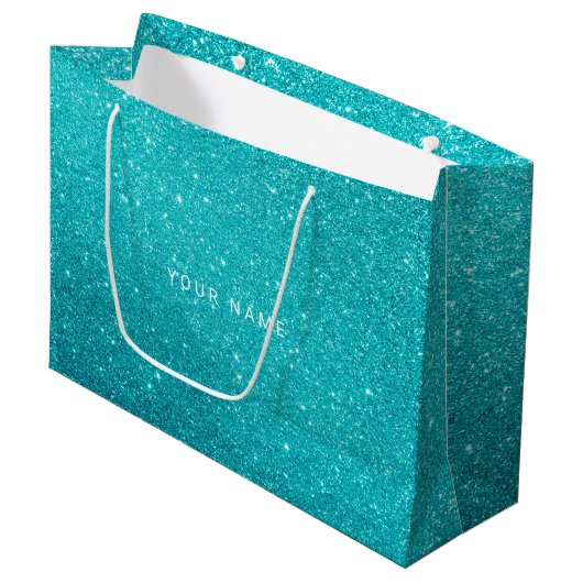 Blue Aqua Turqoise Ocean Glitzer Gefallen Geschenk Große Geschenktüte (Vorderseite Schrägansicht)