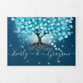 Blue Aqua Turquoise Heart Leaf Tree Wedding Dreifach Gefaltete Einladung (Cover)