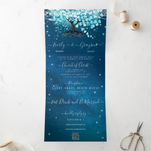 Blue Aqua Turquoise Heart Leaf Tree Wedding Dreifach Gefaltete Einladung (Innenseite)