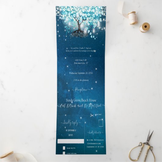 Blue Aqua Turquoise Heart Leaf Tree Wedding Tri-F Dreifach Gefaltete Einladung (Innenseite)