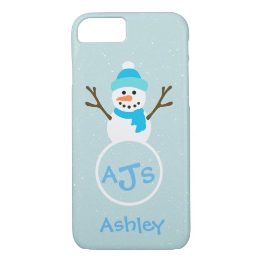 Blue Aqua White Monogram Snowman Case (Rückseite)