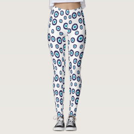 Blue Aqua White Nazar Evil Eye Circles Muster Leggings