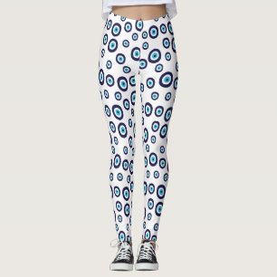 Blue Aqua White Nazar Evil Eye Circles Muster Leggings