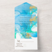 Blue Aquamarin and Gold Alcohol Ink Wedding All In One Einladung (Innen Boden)