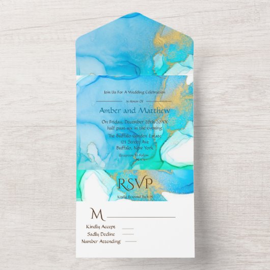 Blue Aquamarin and Gold Alcohol Ink Wedding All In One Einladung (Innen Boden)