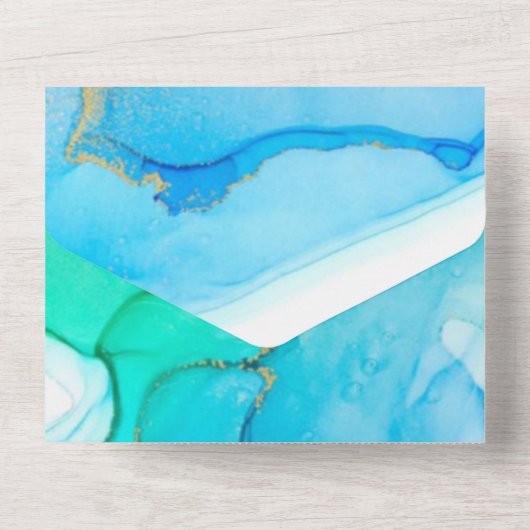 Blue Aquamarin and Gold Alcohol Ink Wedding All In One Einladung (Rückseite)