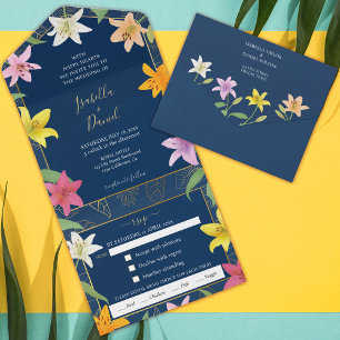 Blue Aquamarin and Gold Tropical Lily Wedding All In One Einladung