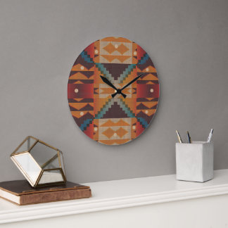 Blue Aquamarin Dark Brown Beige Orange Red Tribal Große Wanduhr