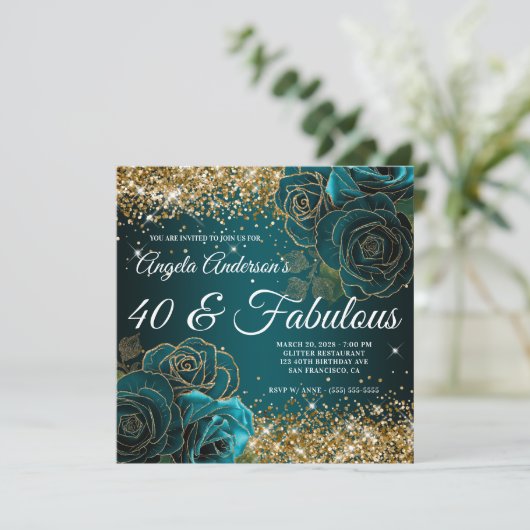 Blue Aquamarin Floral Gold Glitzer Glam 40 & Fabul Einladung (Stehend Vorderseite)