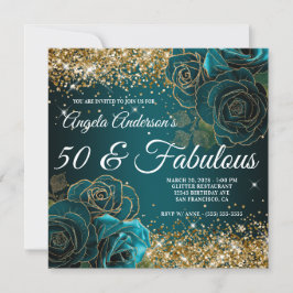 Blue Aquamarin Floral Gold Glitzer Glam 50 & Fabul Einladung