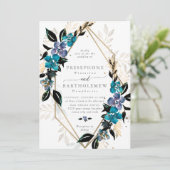 Blue aquamarin Floral Wedding Bouquet Einladung (Stehend Vorderseite)