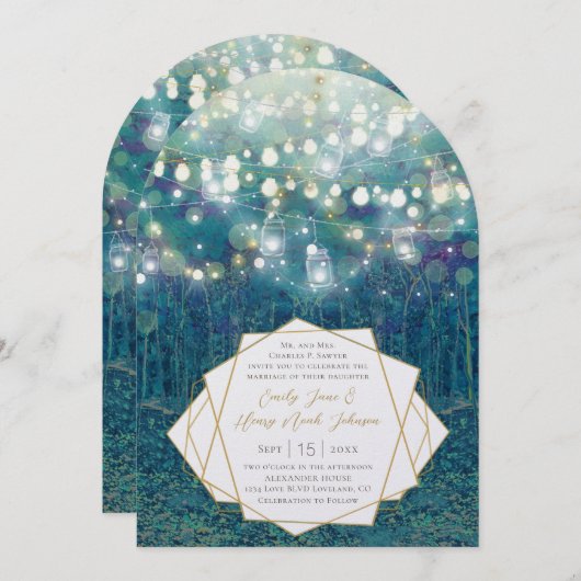 Blue Aquamarin Garland of Fairy Lights Forest Wedd Einladung (Vorne/Hinten)