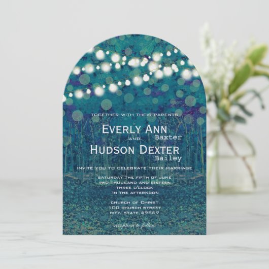 Blue Aquamarin Garland of Lights Forest Wedding Einladung (Stehend Vorderseite)