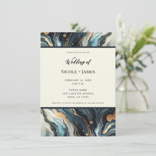 Blue Aquamarin Gold Agate Modern Glam Elegante Hoc Einladung (Stehend Vorderseite)