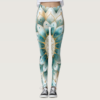 Blue Aquamarin Gold Floral Mandala Leggings