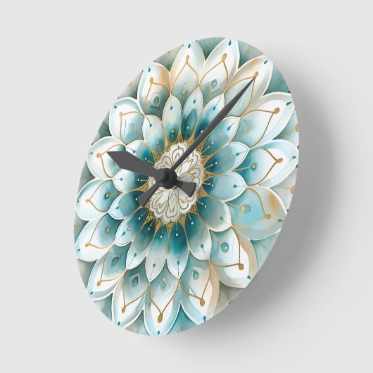 Blue Aquamarin Gold Floral Mandala Runde Wanduhr (Winkel)