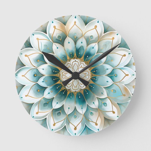 Blue Aquamarin Gold Floral Mandala Runde Wanduhr (Vorderseite)