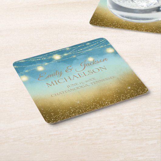 Blue Aquamarin Gold String LIghts Mason Jars Weddi Rechteckiger Pappuntersetzer (angewinkelt)