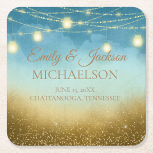 Blue Aquamarin Gold String LIghts Mason Jars Weddi Rechteckiger Pappuntersetzer