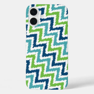 Blue Aquamarin Green Diagonal Zigzag Ikat Pattern iPhone 16 Plus Hülle