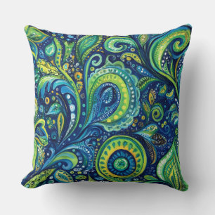 Blue Aquamarin Lime Green Whimsical Blume Kissen