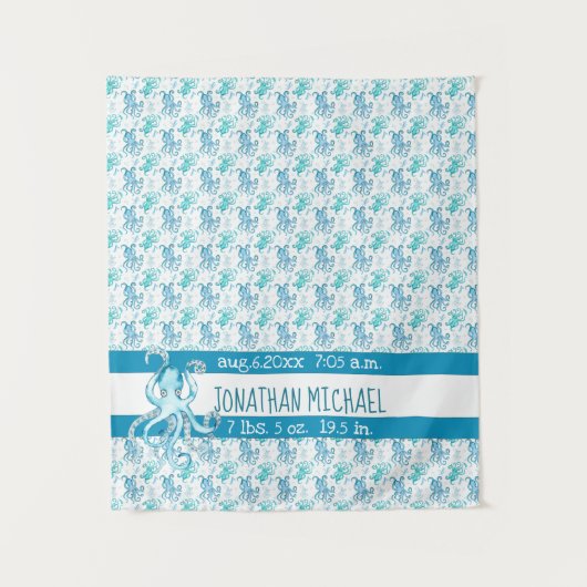Blue & Aquamarin Octopus Baby's Name Birth Stats Wandteppich (Vorderseite)